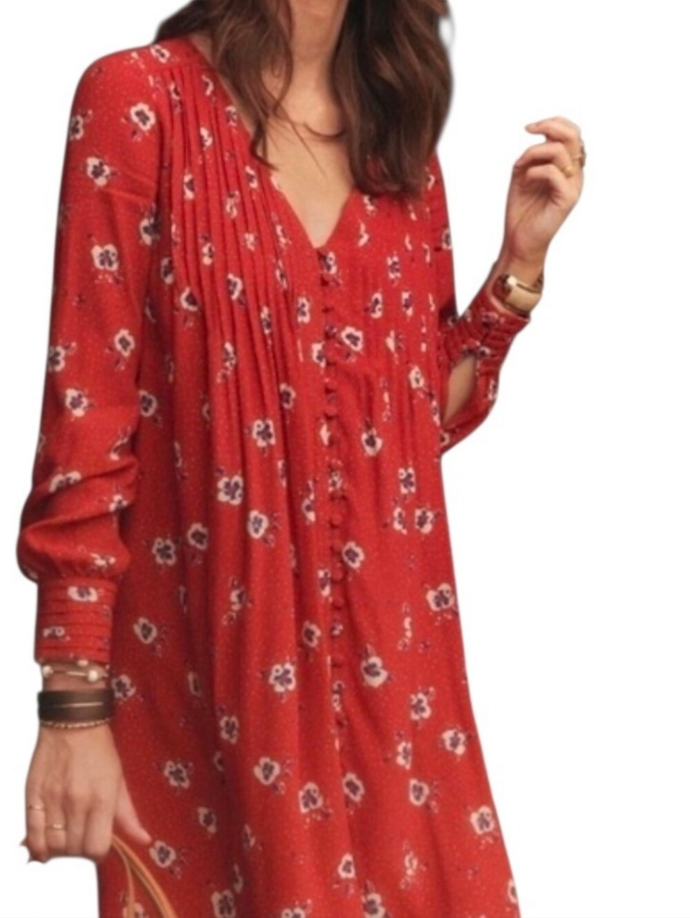 Sézane Joe dress in red floral print long sleeves button-front design Size 38/6 - Picture 2 of 16